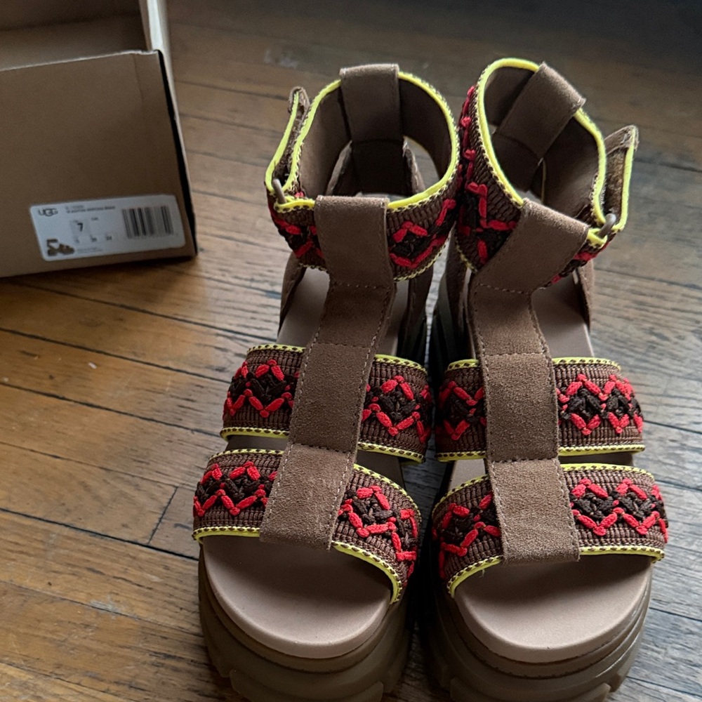 UGG Brown Suede Platform Sandals with Red and Yellow Accents